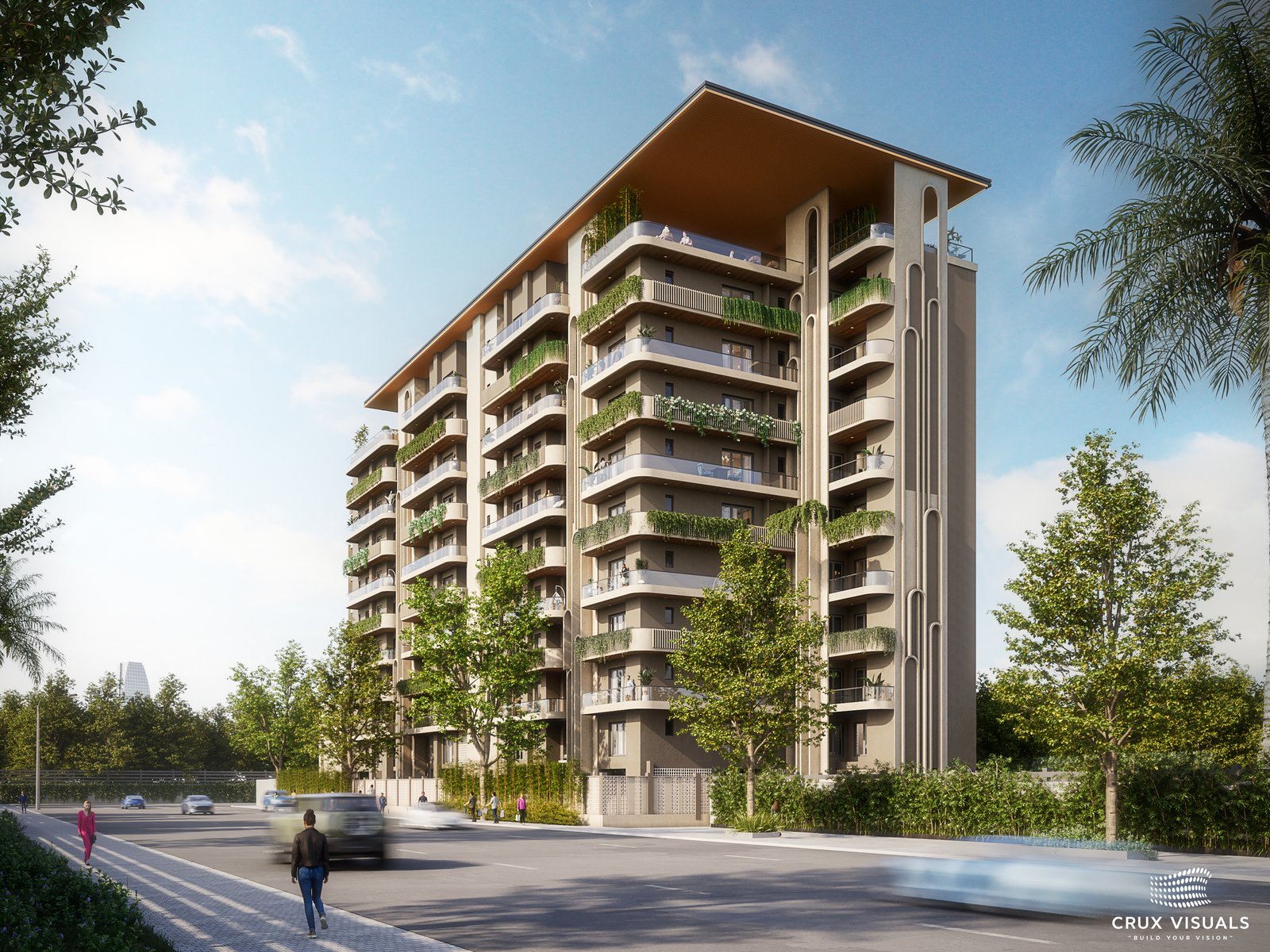 Contemporary residential building exterior with landscaped street frontage