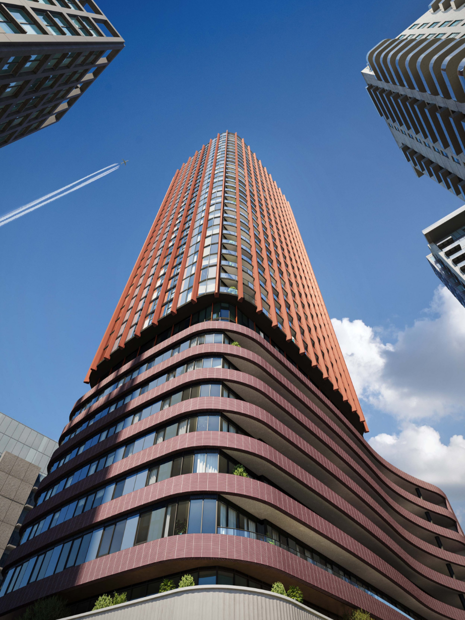 Civic Tower skyscraper viewed from street level