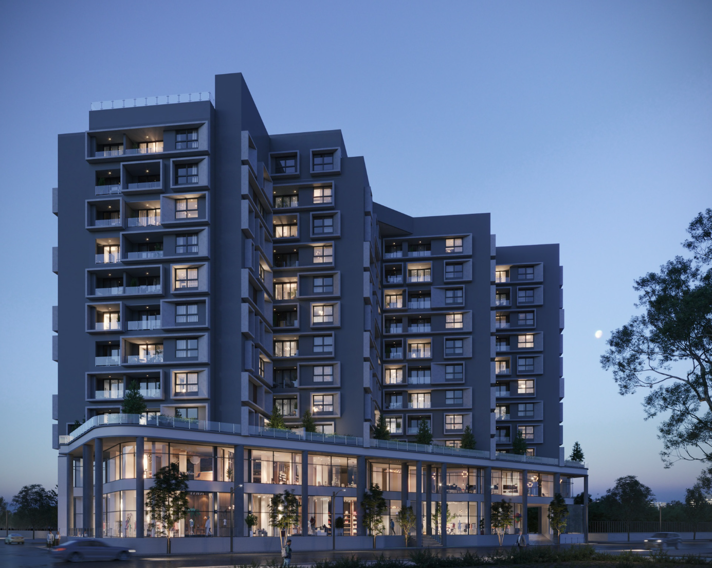 Modern residential tower exterior at dusk