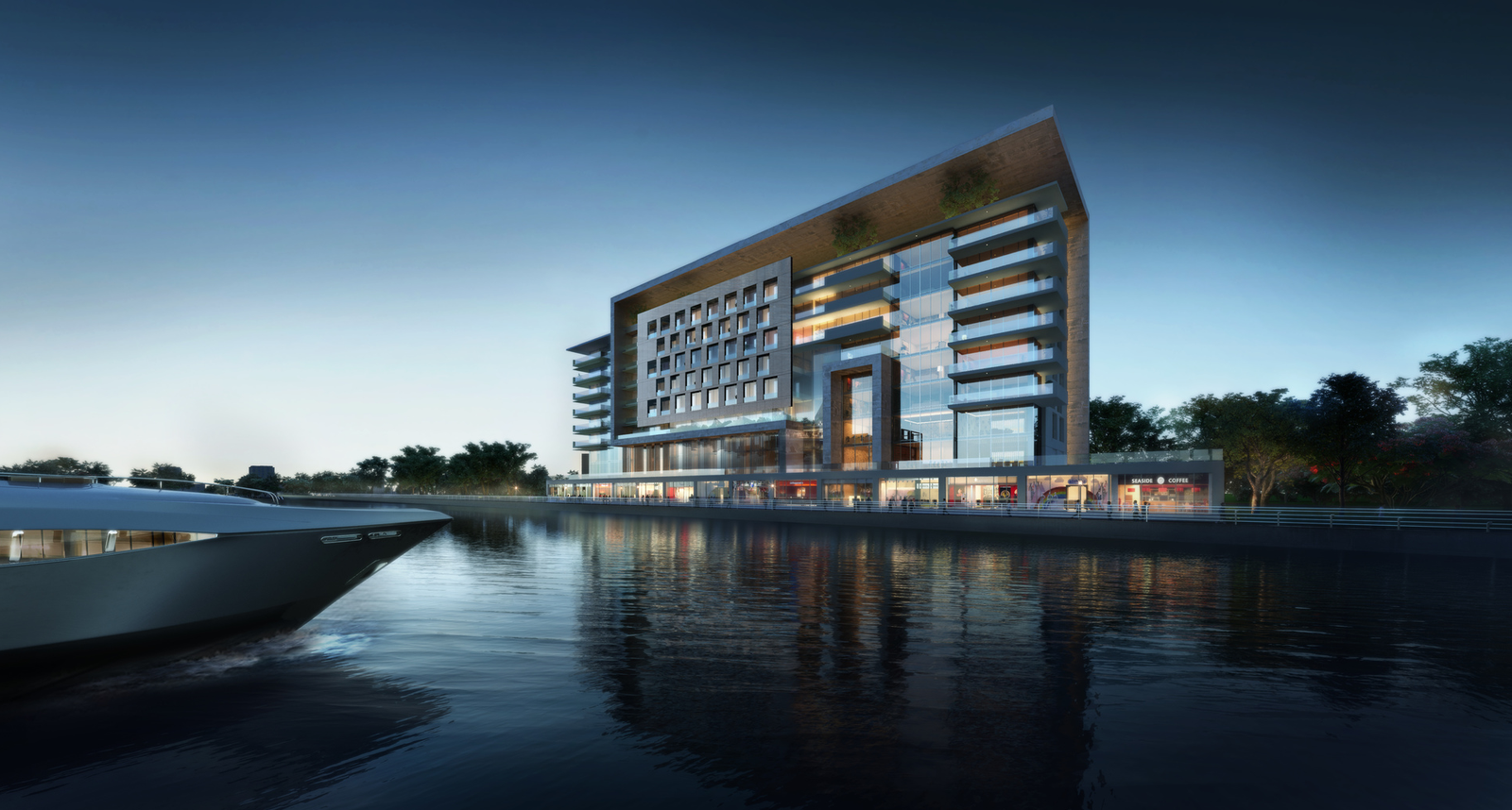 Waterfront hospitality building at dusk
